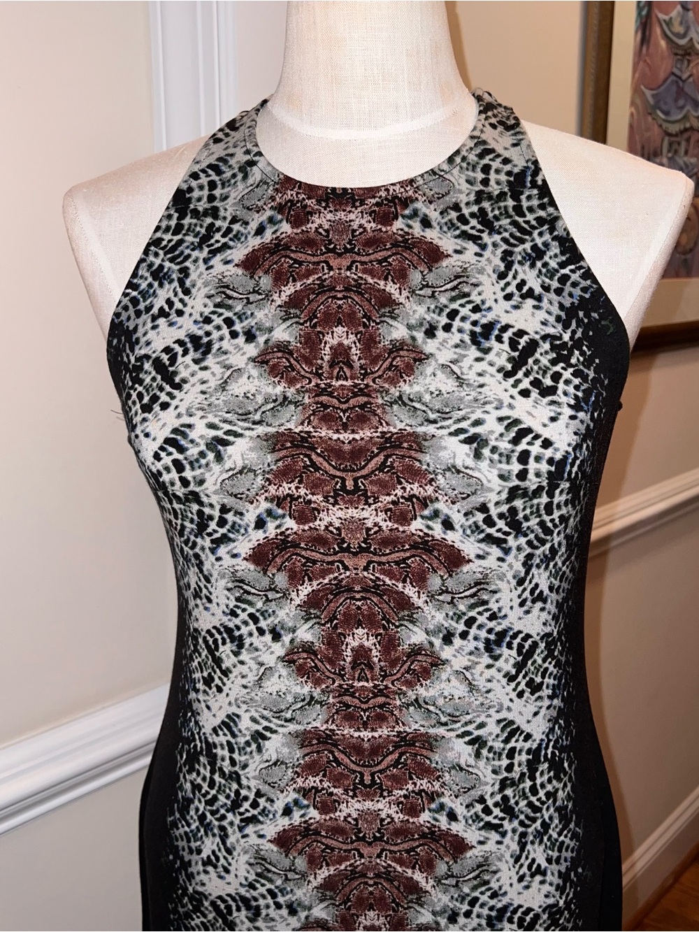 Brown, Black & Cream Two Split Snake Pattern Printed Dress